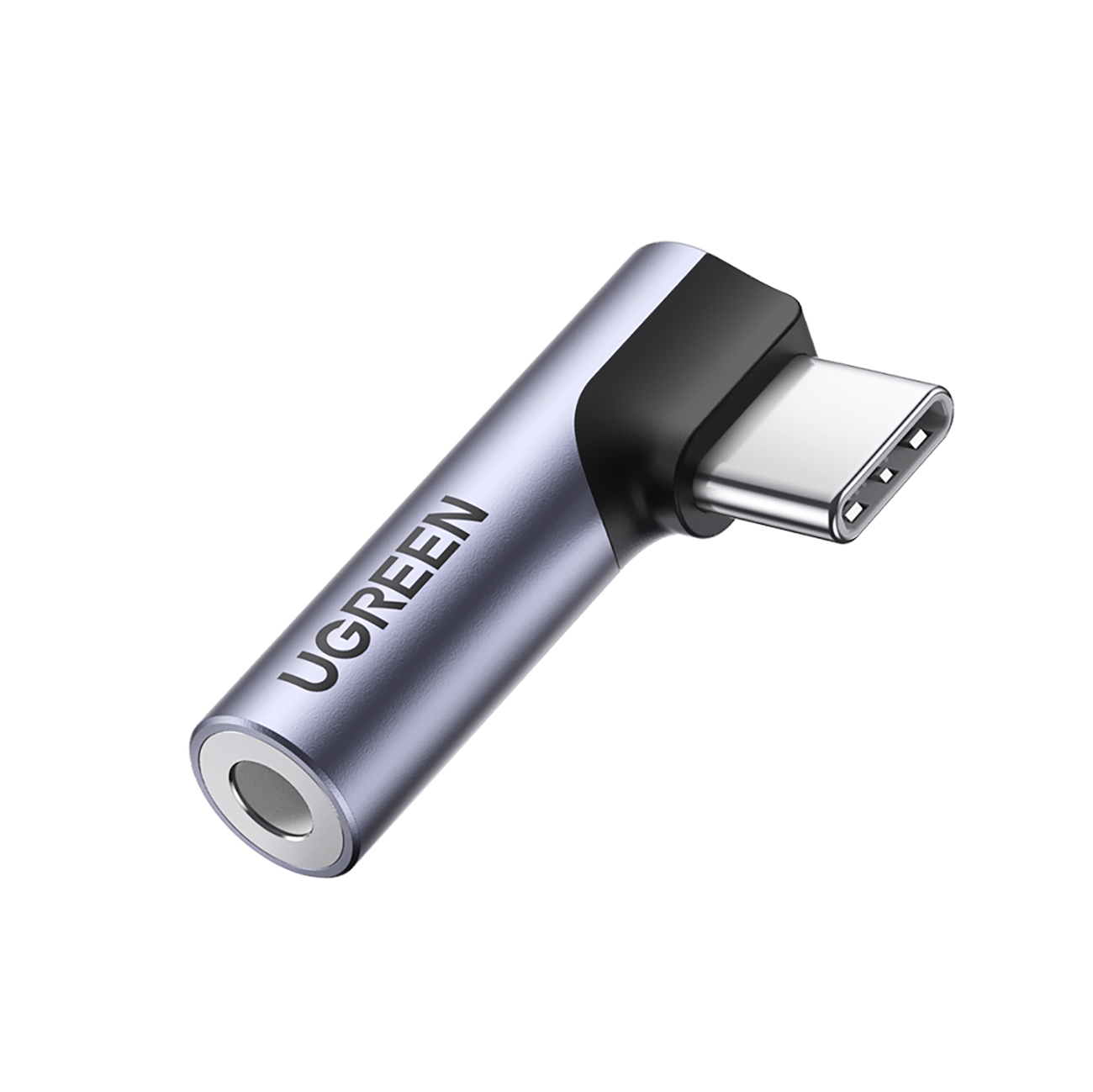 Adaptor Ugreen AV154 80384 cu mufă USB-C în unghi drept (mascul) și 3,5 mm Port mini jack (femă) pe fundal alb